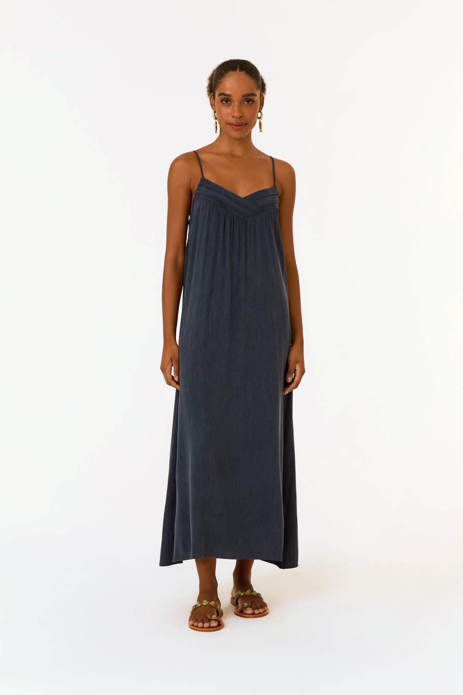VESTIDO MIDI DECOTE PREGAS